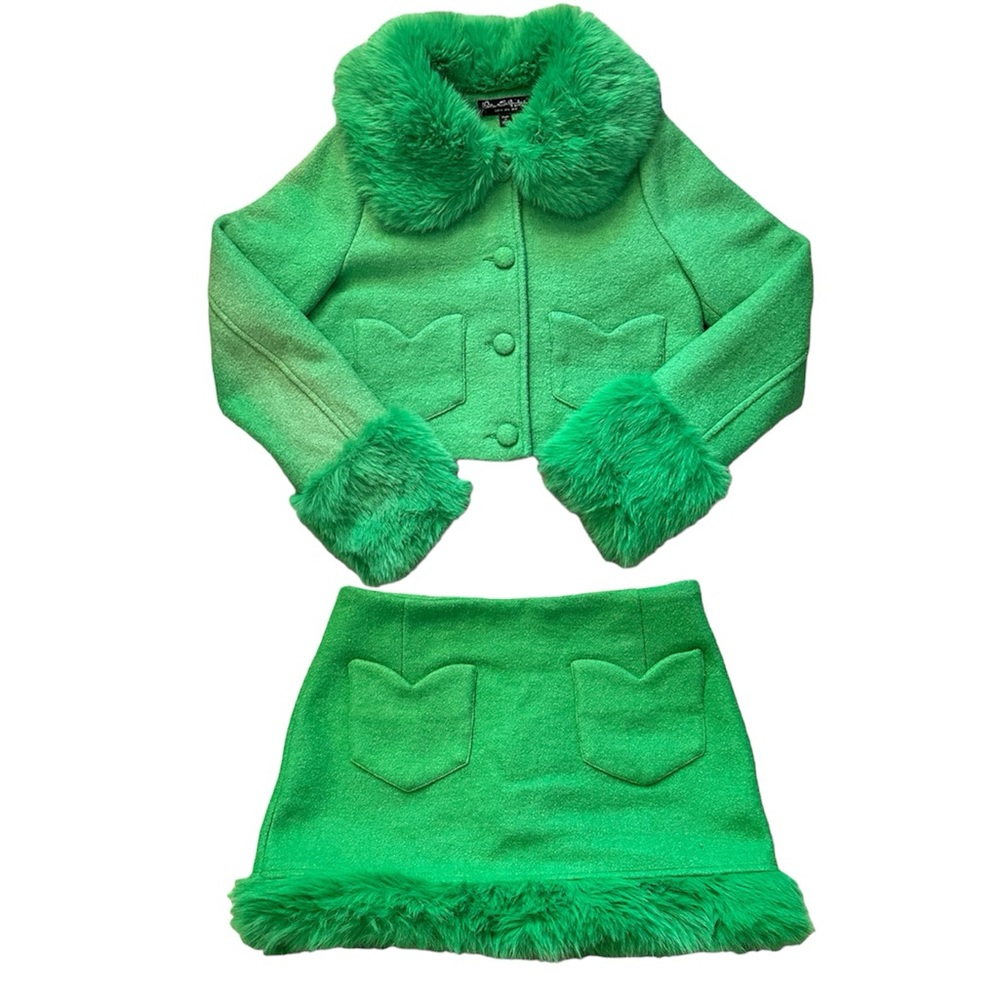 Miss Selfridge heart pocket faux fur trim crop jacket and mini skirt set green
